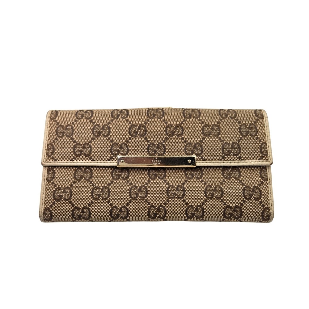 Gucci GG Canvas Monogram Beige Brown Long‎ Wallet Designer Women's